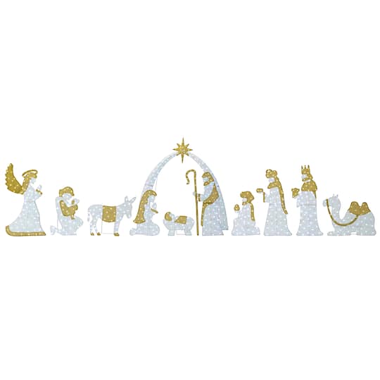 Glitzhome® 55"H Lighted Christmas 2D Iridescent Fabric Nativity Scene Outdoor Decor Set in White | 55" x 2.5" x 55" | Michaels®